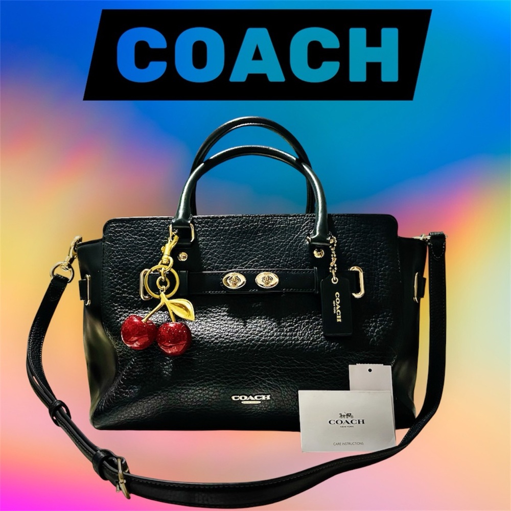 COACH soho Black Leather Carryall crossbody bag Satchel with Red Cherry Charm - Picture 5 of 17